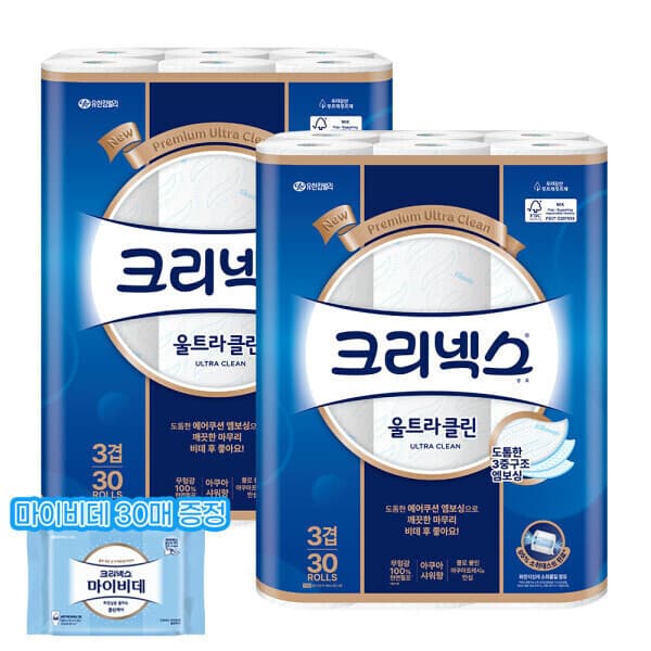 해피하우스70 크리넥스 도톰한 3겹 울트라클린 화장지 27M 30롤 2팩