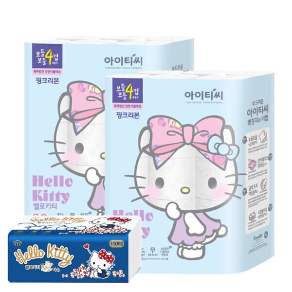 유아플러스 헬로키티 핑크리본 4겹 60롤 팝업티슈 110매 화장지 - 최저가 31,900원