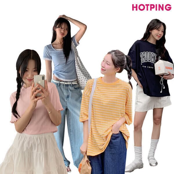 핫핑 (핫핑) 44~110 여름 티셔츠 반팔 나시 긴팔 민소매 루즈핏 슬림핏 레이어드 프린팅 빅사이즈
