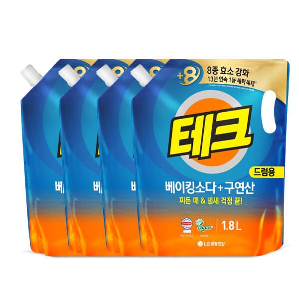 LG생활건강-스타배송 테크 베이킹구연산 액체세제 드럼 리필 1.8L X 4개