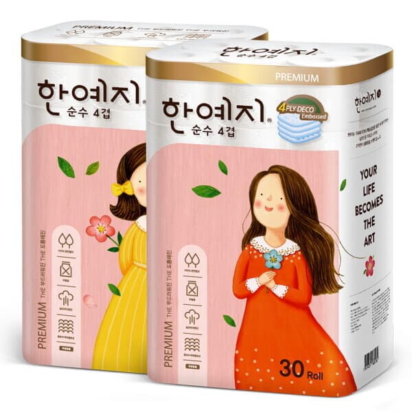 롯데아이몰 한예지 프리미어 순수 4겹 천연펄프 화장지 25m 30롤 2팩 총 60롤