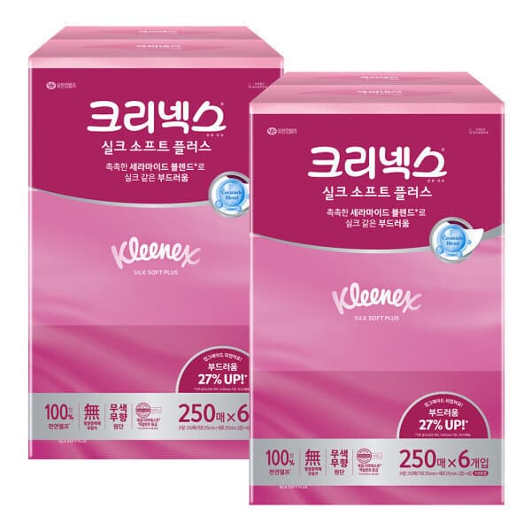 해피하우스70 크리넥스 실크소프트 250매 6입 2팩 총 12개 천연펄프 미용티슈