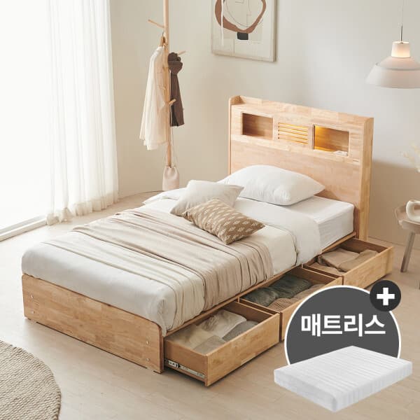 핀란디아본사 네이쳐 수납 LED 원목 슈퍼싱글침대 SS + 40T 라텍스 독립매트