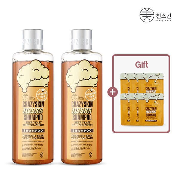 크레이지스킨본사 맥주효모 탈모완화 샴푸 300g 1+1 / 비건 약산성 저자극 두피케어 샘플 6매