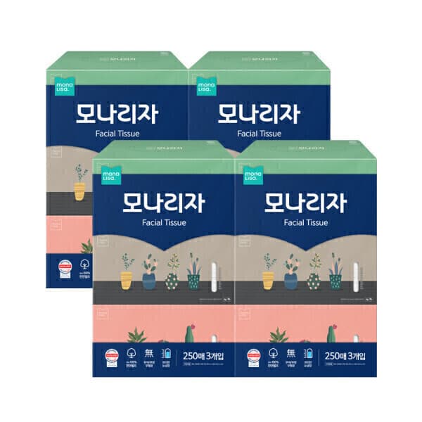 (주)모나리자 모나리자 미용티슈 250매 3입 4개 총12개 피부저자극 테스트