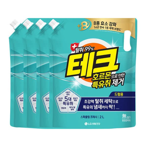 LG생활건강-스타배송 테크 호르몬 특유취 제거 실내건조 액체세제 드럼 리필 2L 4개