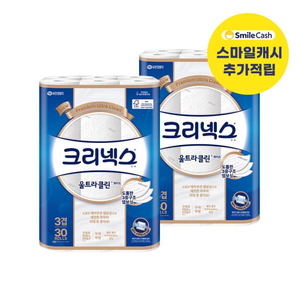 유한킴벌리직영스토어 크리넥스 3겹 울트라클린 화이트 25MX30롤 2팩 화장지
