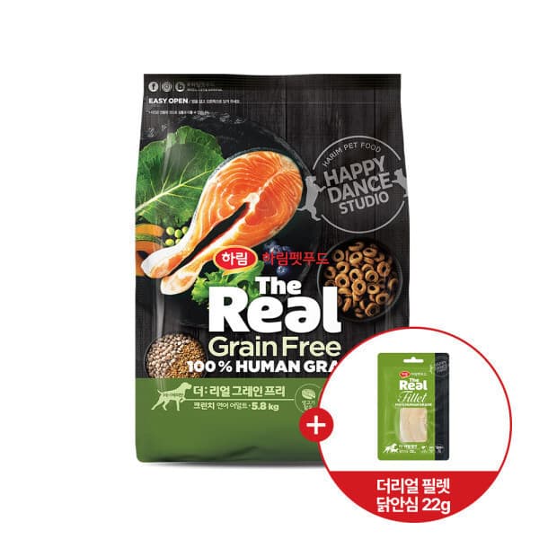 하림펫푸드 더리얼 그레인프리 크런치 연어 어덜트 5.8kg + 더리얼 필렛 닭안심 22g - 최저가 97,000원