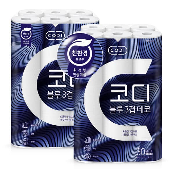 코디본사직영몰 코디 블루 3겹 데코 화장지 27m 30롤 2팩 - 최저가 22,000원