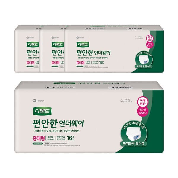 (주)휴먼스코리아 디펜드 편안한 언더웨어 일반 중대형 16개 4팩 (64개)