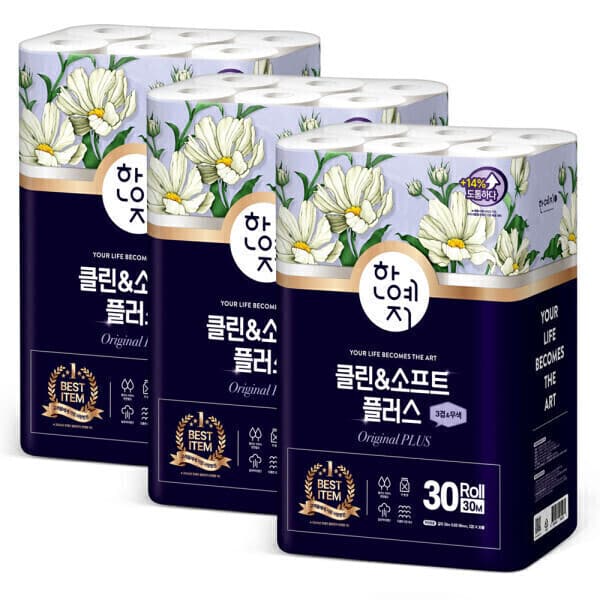 한예지 한예지 클린앤소프트 천연펄프 3겹 화장지 30m 30롤 3팩 클린플러스