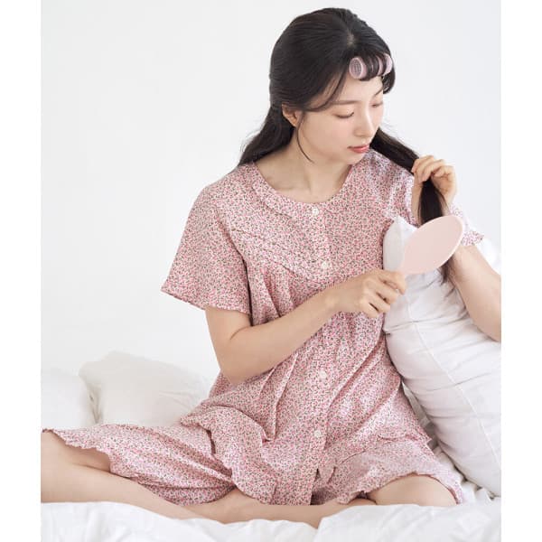 MayFLowers 핑크잔꽃 여성 여름 반팔 순면 아사면 잠옷 세트