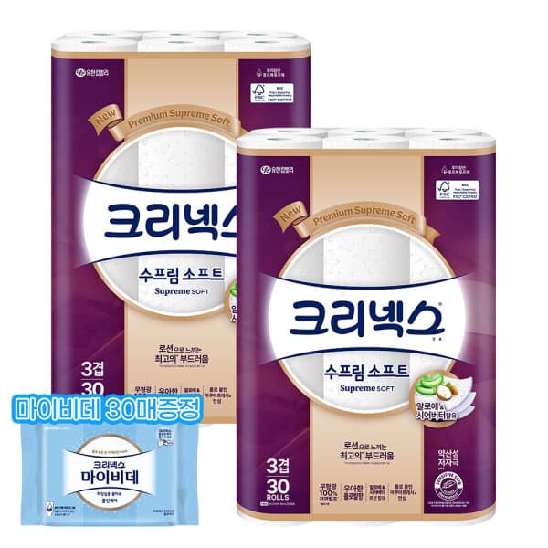 해피하우스70 수프림소프트 화장지27M30롤x2팩 +마이비데 30매 증정