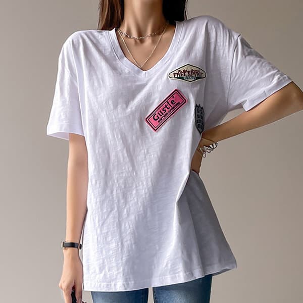 with나크21 나크21 와펜 포인트 V넥 슬라브 티셔츠 NK12-T-56