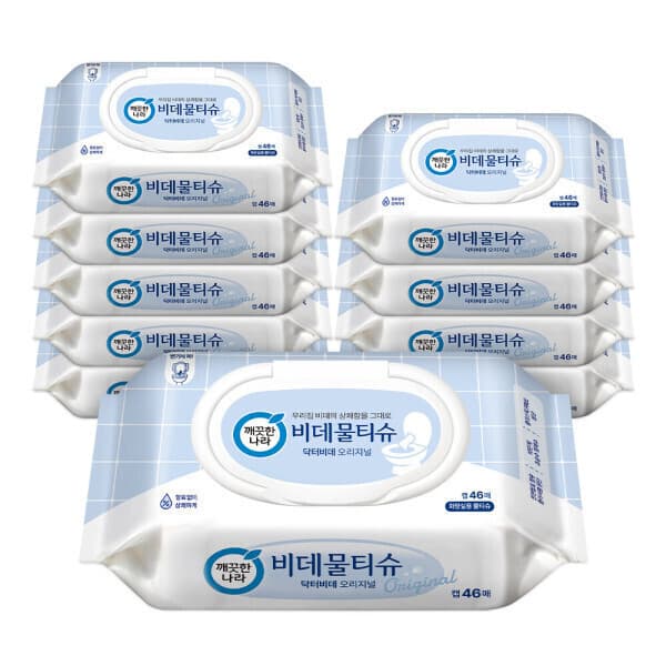 깨끗한나라본사직영 깨끗한나라 닥터비데 화장실용 물티슈 캡형 46매 10팩+2세트