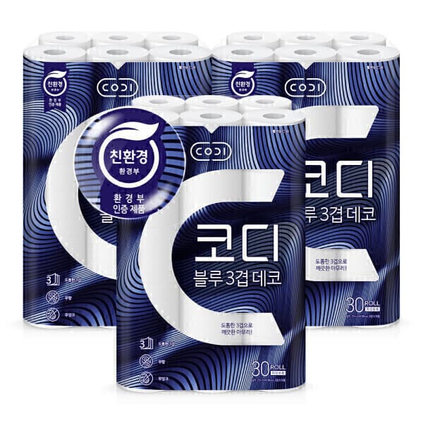 코디본사직영몰 블루 3겹 데코 화장지 27m 30롤 3팩