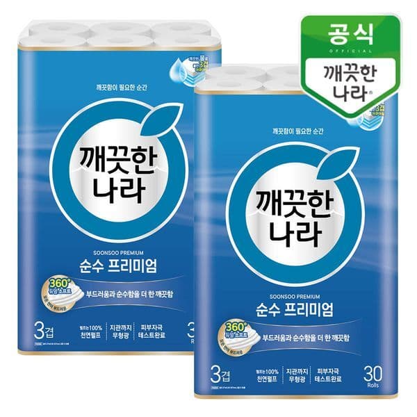 하프클럽 하프클럽/깨끗한나라 순수 프리미엄 3겹 화장지 27m 30롤x2팩