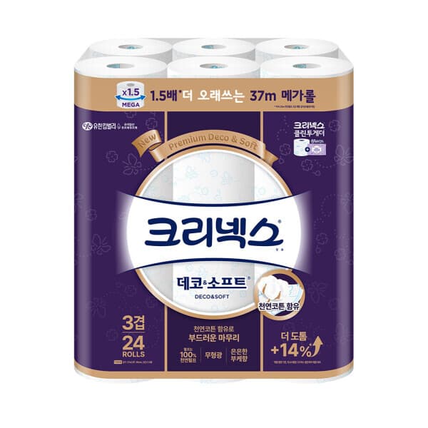 해피하우스70 크리넥스 도톰한 3겹 데코소프트 37m 24롤 화장지