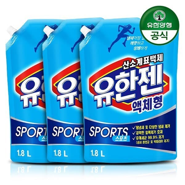 CJ온스타일 유한양행 유한젠 스포츠 액체세제 1.8L 리필 3개