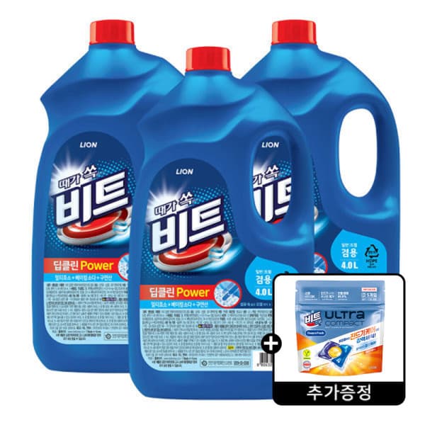 라이온코리아 비트 딥클린파워 액체세탁세제 일반/드럼 겸용 4L 3개