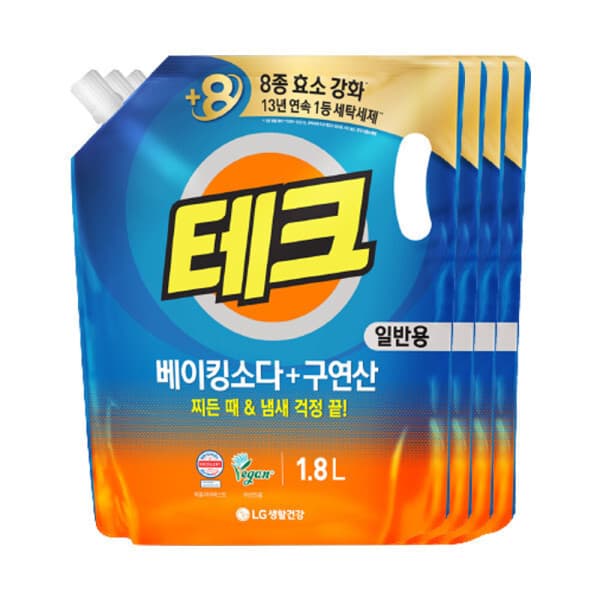 LG생활건강-스타배송 테크 베이킹구연산 액체세제 일반 리필 1.8L X 4개