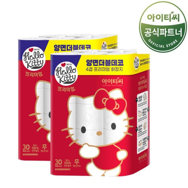 유아플러스 헬로키티 프리미엄 4겹 30M 30롤 x 2팩 화장지