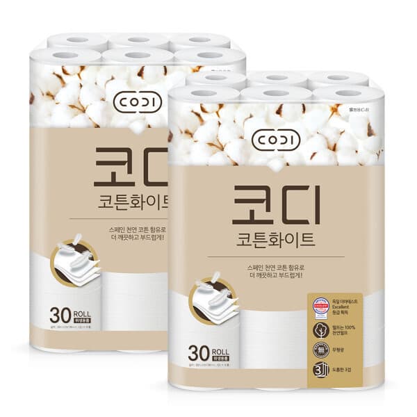 코디본사직영몰 코디 코튼화이트 30m 30롤 2팩 천연펄프 3겹 화장지