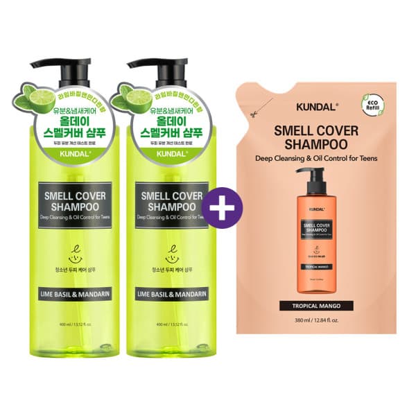 쿤달스타배송 쿤달 올데이 스멜커버 청소년샴푸 라임바질앤만다린 400ml 2개 + 트로피컬망고 리필팩 380ml 1개