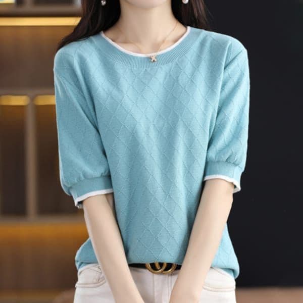 brich NK1380 마름모 라인 배색 반팔 니트티 - 최저가 23,520원