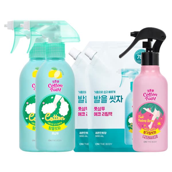 LG생활건강-스타배송 온더바디 코튼풋 발을씻자 풋샴푸 레몬 385ml 2개 리필 500ml 2개 발각질 벗자 풋필링 스프레이