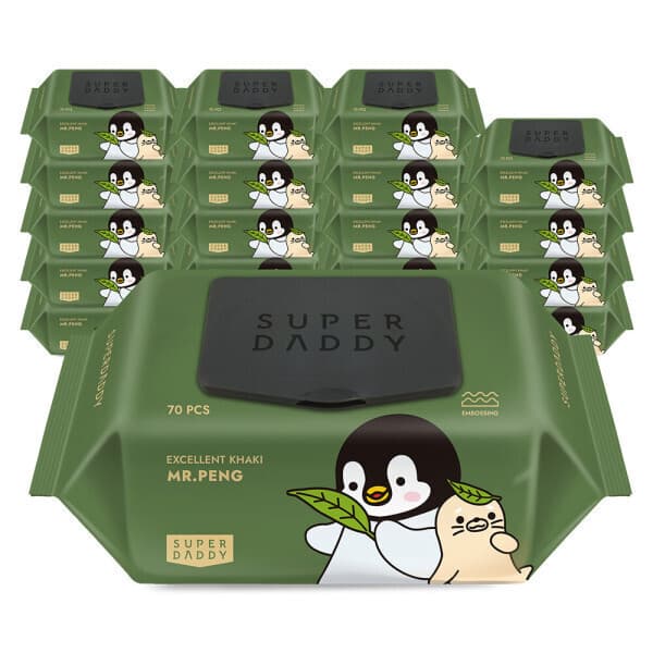 하이베러슈퍼대디 아기물티슈 82평량 20팩 슈퍼대디 미스터펭 카키 캡형 70매 저자극