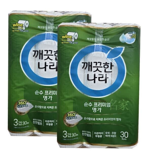 유아플러스 깨끗한나라 순수프리미엄 3겹 30m 30롤 x 2팩 광폭 107mm
