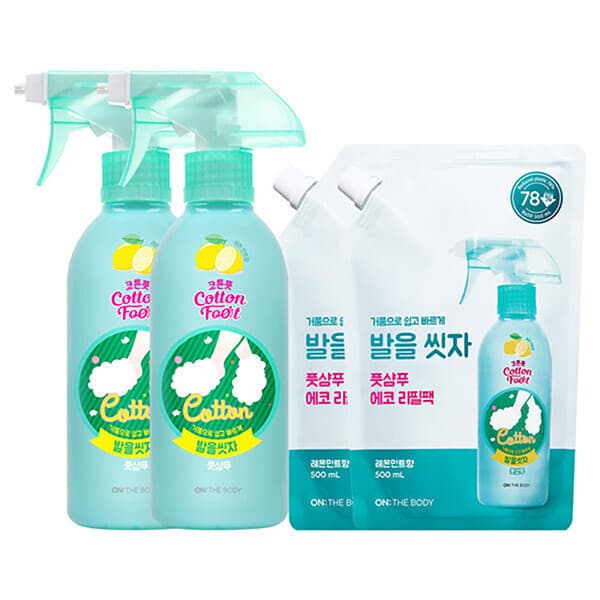 LG생활건강-스타배송 온더바디 코튼풋 발을씻자 풋샴푸 레몬 385ml 2개 + 리필 500ml 2개