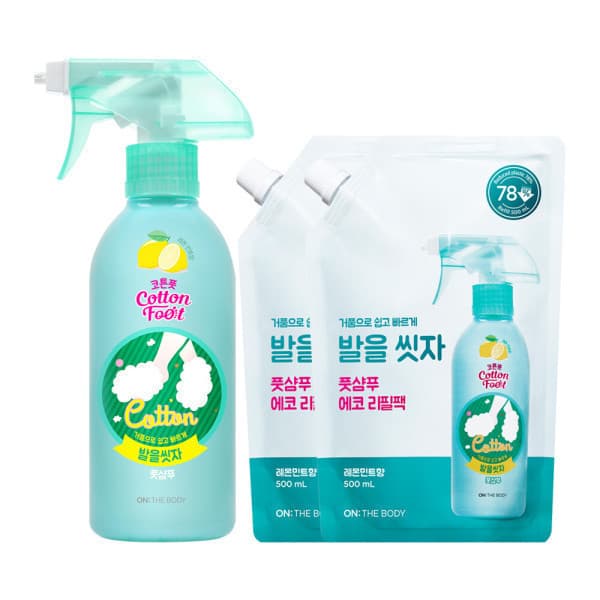 LG생활건강-스타배송 온더바디 코튼풋 발을씻자 풋샴푸 레몬 510ml+레몬향 리필 500ml 2개