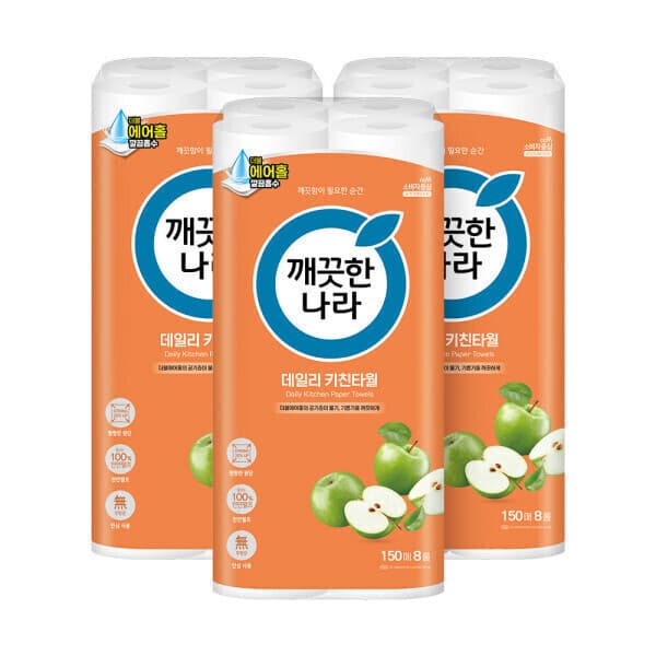 깨끗한나라본사직영 깨끗한나라 데일리 키친타올 150매 8롤 3팩