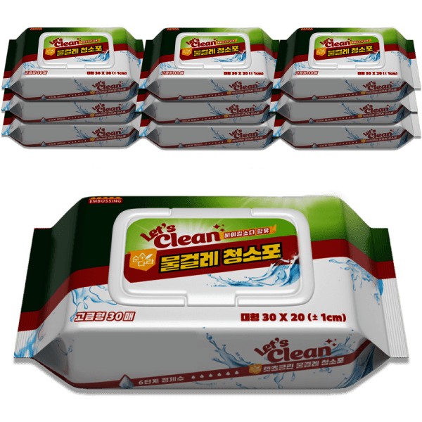 렛츠클린 물걸레청소포 대형 10팩/총300매 팩당30매 렛츠클린 고급형 베이킹소다