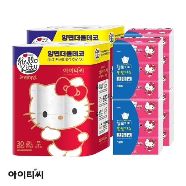 쇼핑엔티 헬로키티 4겹 프리미엄세트(프리미엄레드60롤 + 팝업티슈12팩)