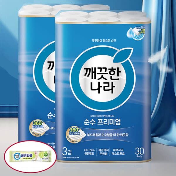 디에치마켓 깨끗한나라 순수 프리미�m 3겹 광폭107mm 화장지 27m 30롤x2팩 쿨링타올