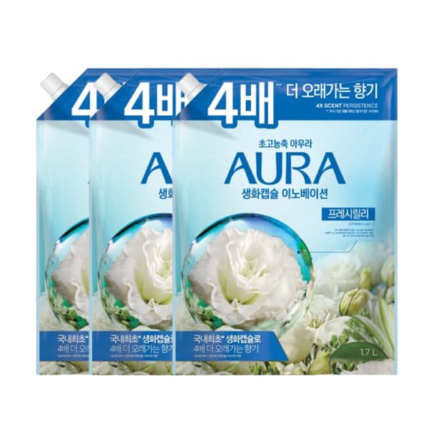 LG생활건강-스타배송 아우라 생화캡슐 초고농축 섬유유연제 리필 1.7L 프레시릴리 3개