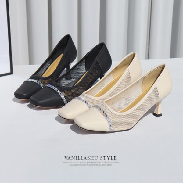 VANILLASHU바닐라슈 바닐라슈 프링즈 각코 큐빅라인 레이스망사 코팅굽 펌프스 6cm
