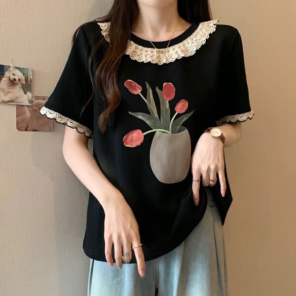StyleAreYou 스타일아유 빅사이즈 레이스 프린팅 정어깨 반팔 여자 루즈핏 티셔츠 TS2635 - 최저가 25,850원