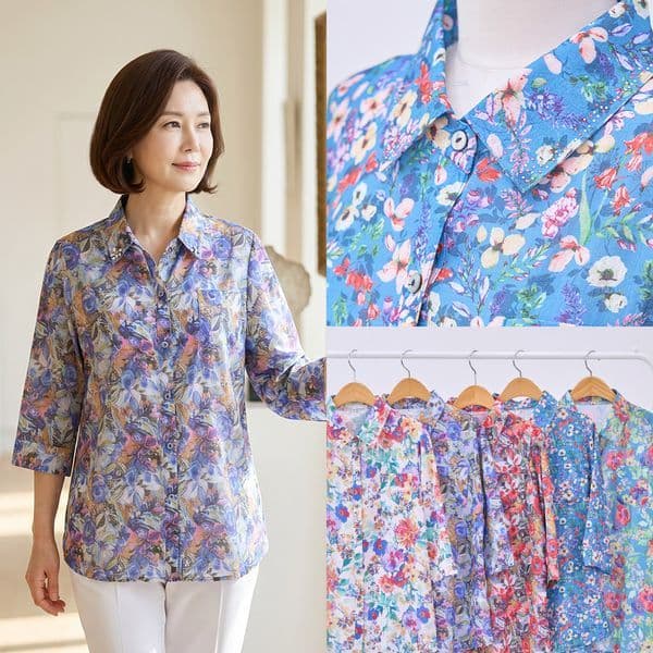 마미소 마미소 플라워 오픈 카라 블라우스 아사면50 빅사이즈