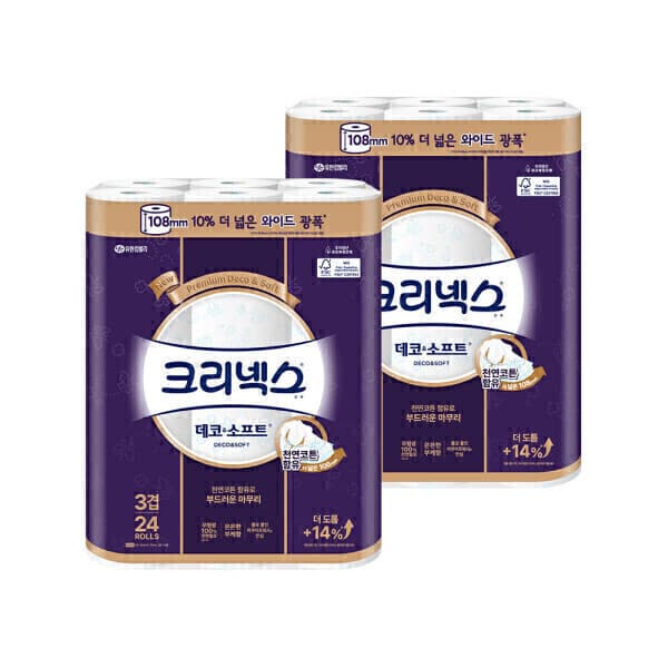 유한킴벌리직영스토어 크리넥스 3겹 데코앤소프트 와이드 33MX24롤 2팩 두루마리 화장지