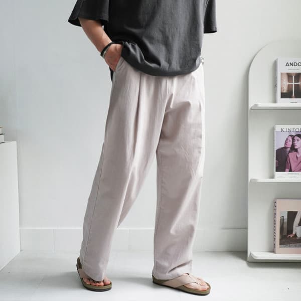 fashionplus 남자 더블 핀턱 린넨 밴딩 와이드 팬츠 4color