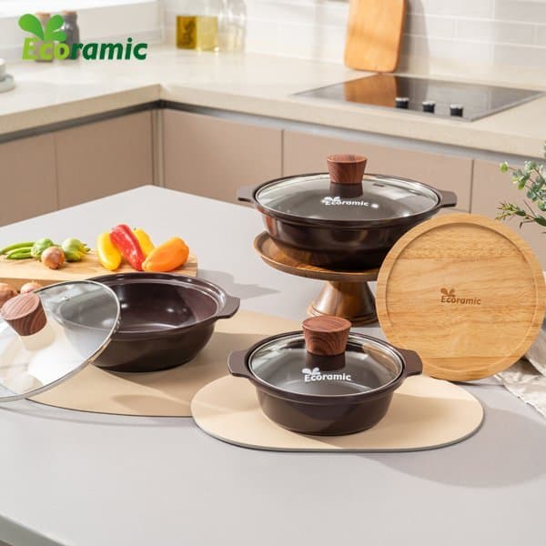 홈앤쇼핑방송 에코라믹 IH뚝배기 4종 세트 16cm 24cm 20cm 전골냄비 원목 나무 받침