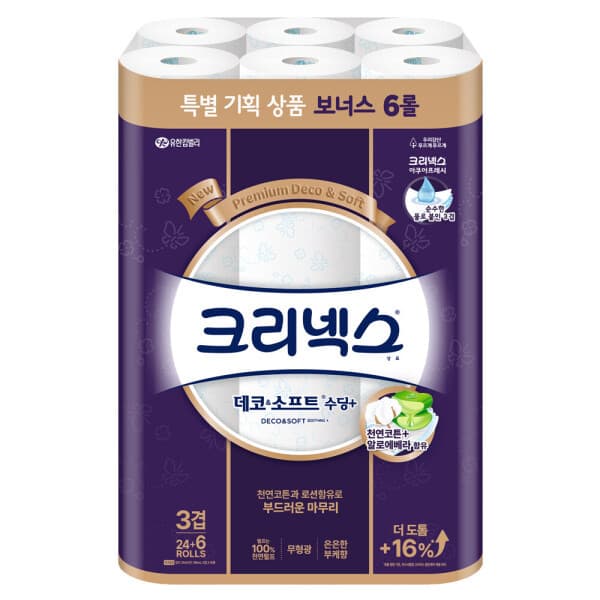 월드쇼핑 크리넥스 데코앤소프트 수딩플러스 3겹 25m 30롤