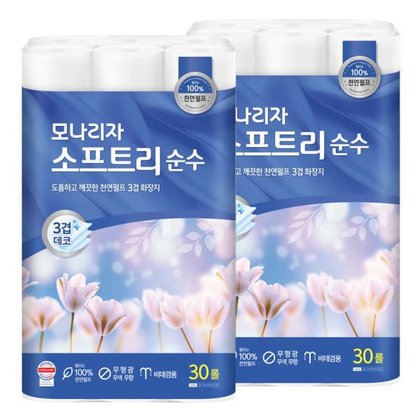 (주)모나리자 모나리자 천연펄프 소프트리 순수 3겹 화장지 30M 30롤 2팩 - 최저가 31,700원