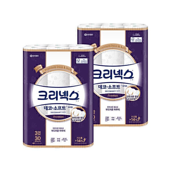 유한킴벌리직영스토어 크리넥스 3겹 데코앤소프트 화이트 25MX30롤 2팩