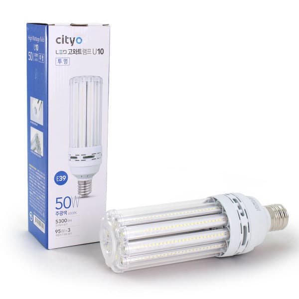전구몰 씨티오 LED 고와트램프 50W 주광색 E39 U10 6500K 투명커버 스틱램프