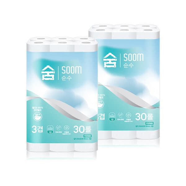 (주)광진산업 100% 천연펄프 숨 순수 3겹 30롤 2팩 화장지